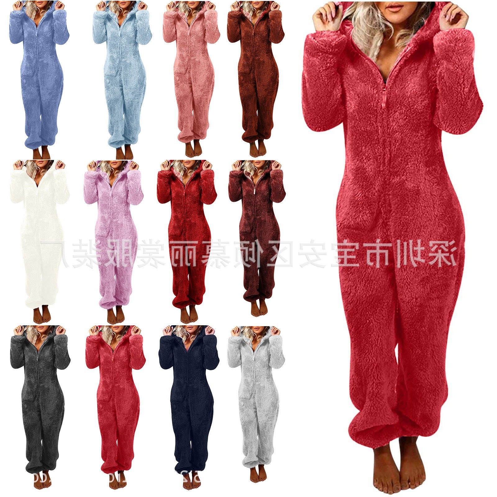 新款欧美秋冬款女装跨境外贸加绒加厚毛毛连体裤连帽睡衣色