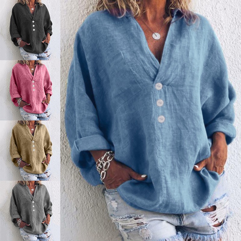 春夏亚马逊热卖欧美领仿棉麻长袖衬衫套头女士衬衣