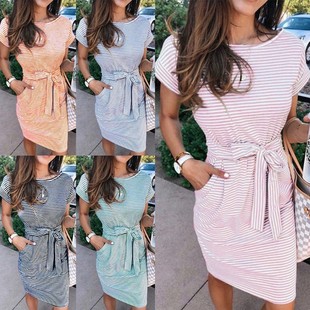 束腰条纹连衣裙女装 欧美跨境 圆领短袖 爆款 速卖通亚马逊热卖