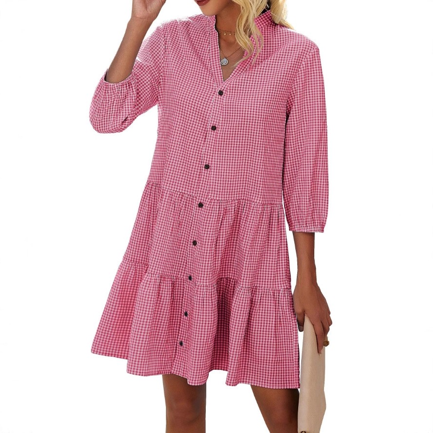 亚马逊独立站跨境欧美新款秋季五分袖格子立领衬衫款连衣群女