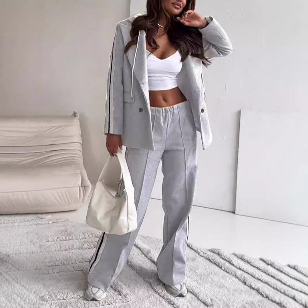 跨境独立站欧美外贸新款秋冬休闲织带连帽西装阔腿裤两件套