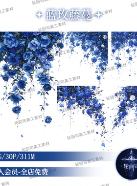 原创可商用蓝色玫瑰花藤蔓装饰元素PNG免扣图片水印设计美工素材