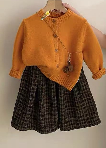 女童韩版纯色针织开衫2025秋冬新款百搭洋气格子休闲阔腿裤两件套