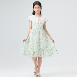 女童夏季翻领连衣裙荷叶边甜美碎花裙2026夏装中大童女装雪纺裙子