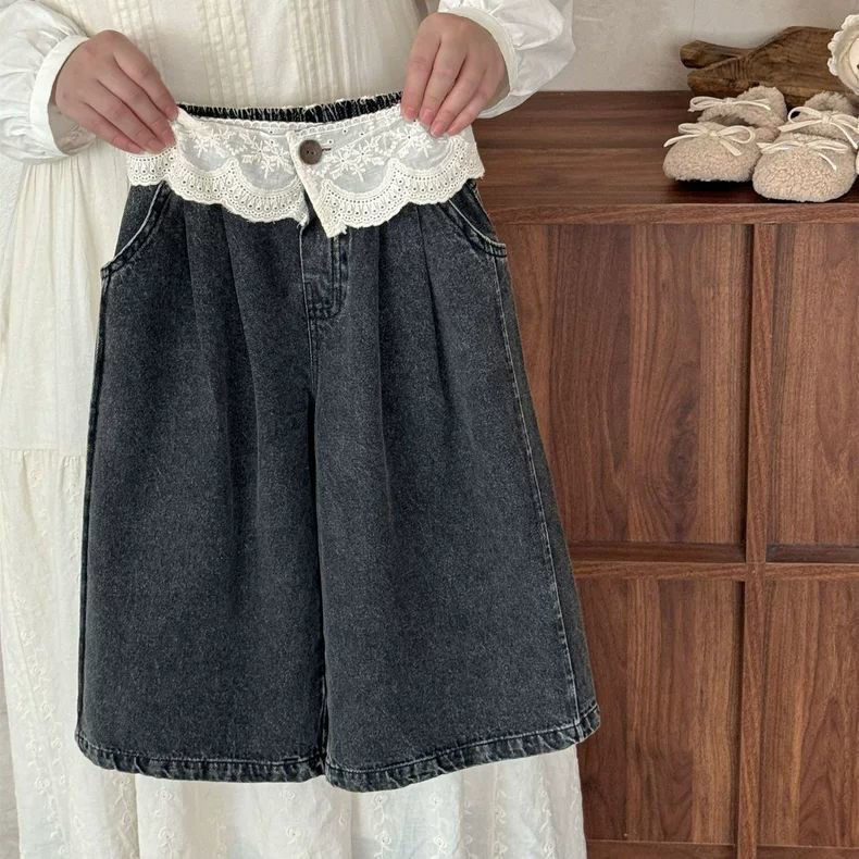女童25秋冬新款牛仔裤儿童韩版时尚森系蕾丝花边直筒休闲裤阔腿裤