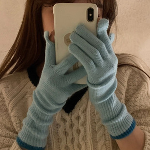 手套韩版撞色加长款秋冬户外骑行防寒保暖针织毛线手套女分指触屏