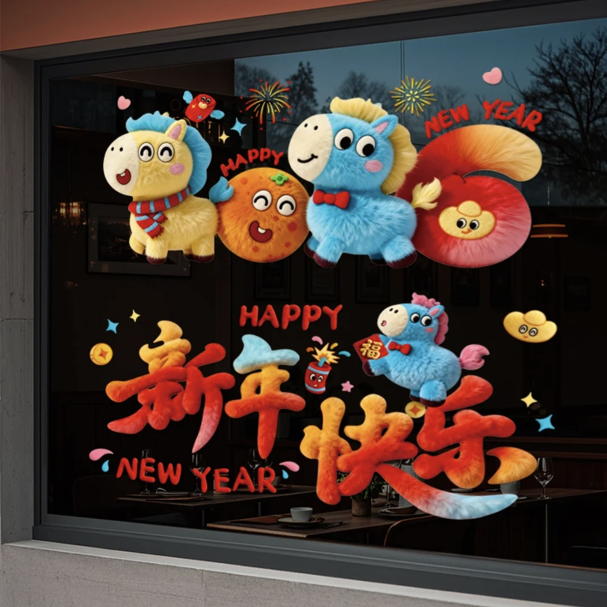 新年卡通毛绒窗贴氛围感装饰套装