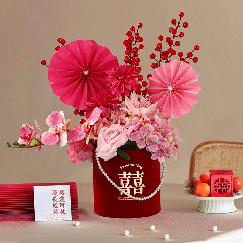 婚房摆件仿真花新房客厅插花装饰婚礼布置结婚抱抱桶婚庆用品大全