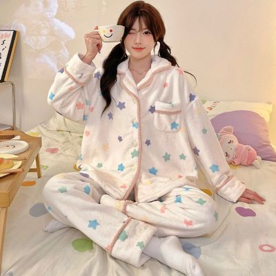 2025新款珊瑚绒睡衣女款套装可爱星星印花法兰绒家居服可外穿保暖