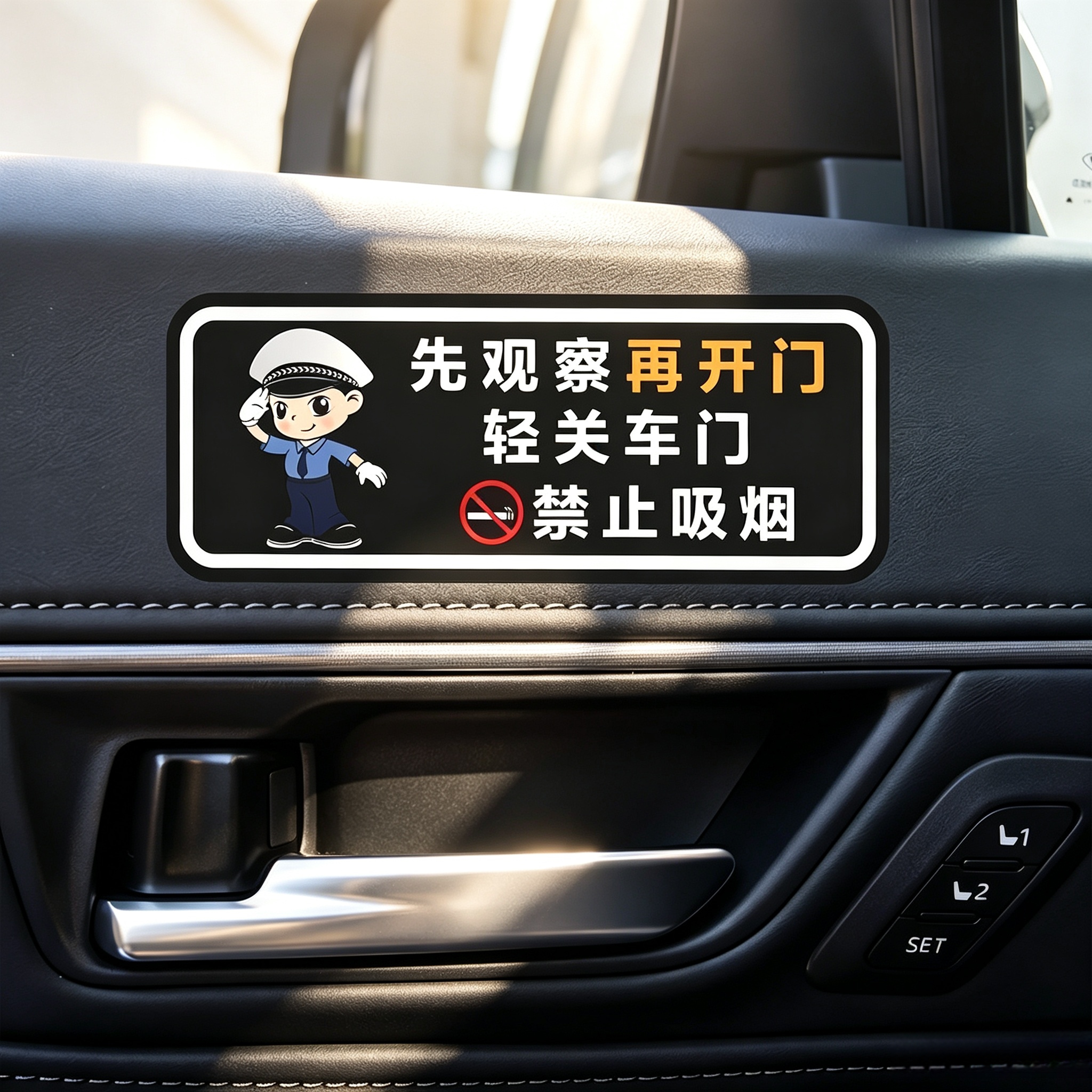 先观察再开门轻关车门提示贴车内