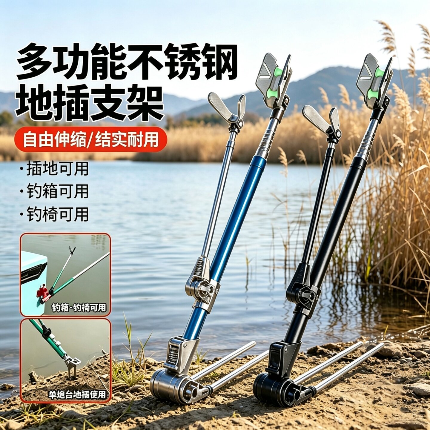 不锈钢钓鱼支架多功能鱼竿架地插