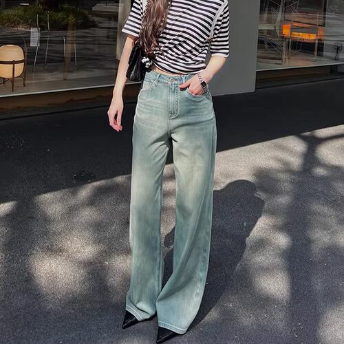 水洗青蓝高腰垂感直筒牛仔裤女