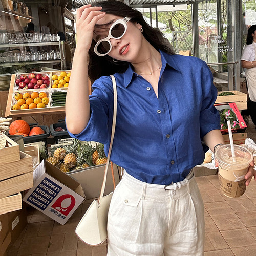 亚麻100%长袖衬衫女防晒通勤百搭