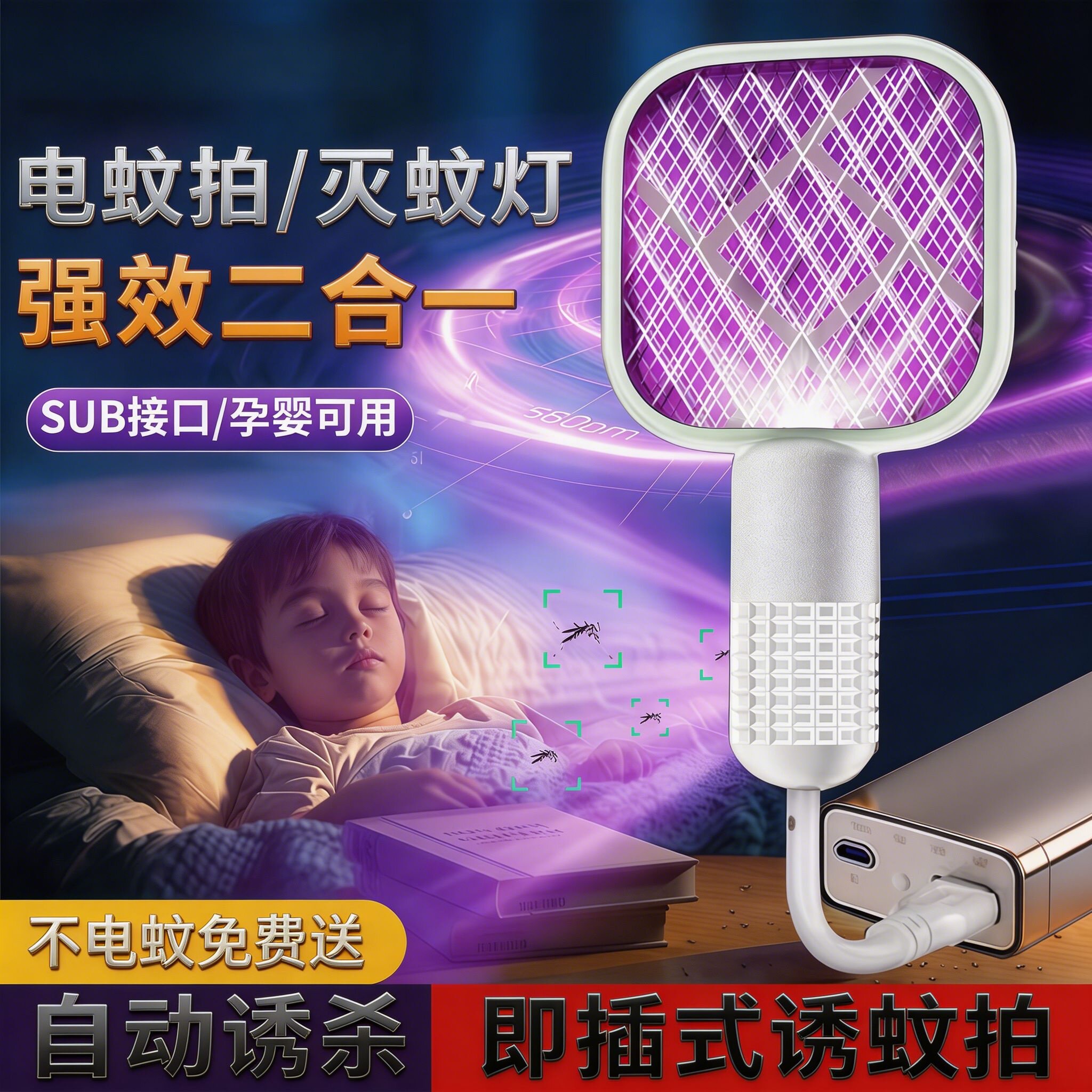 电蚊拍二合一USB家用强力灭蚊灯