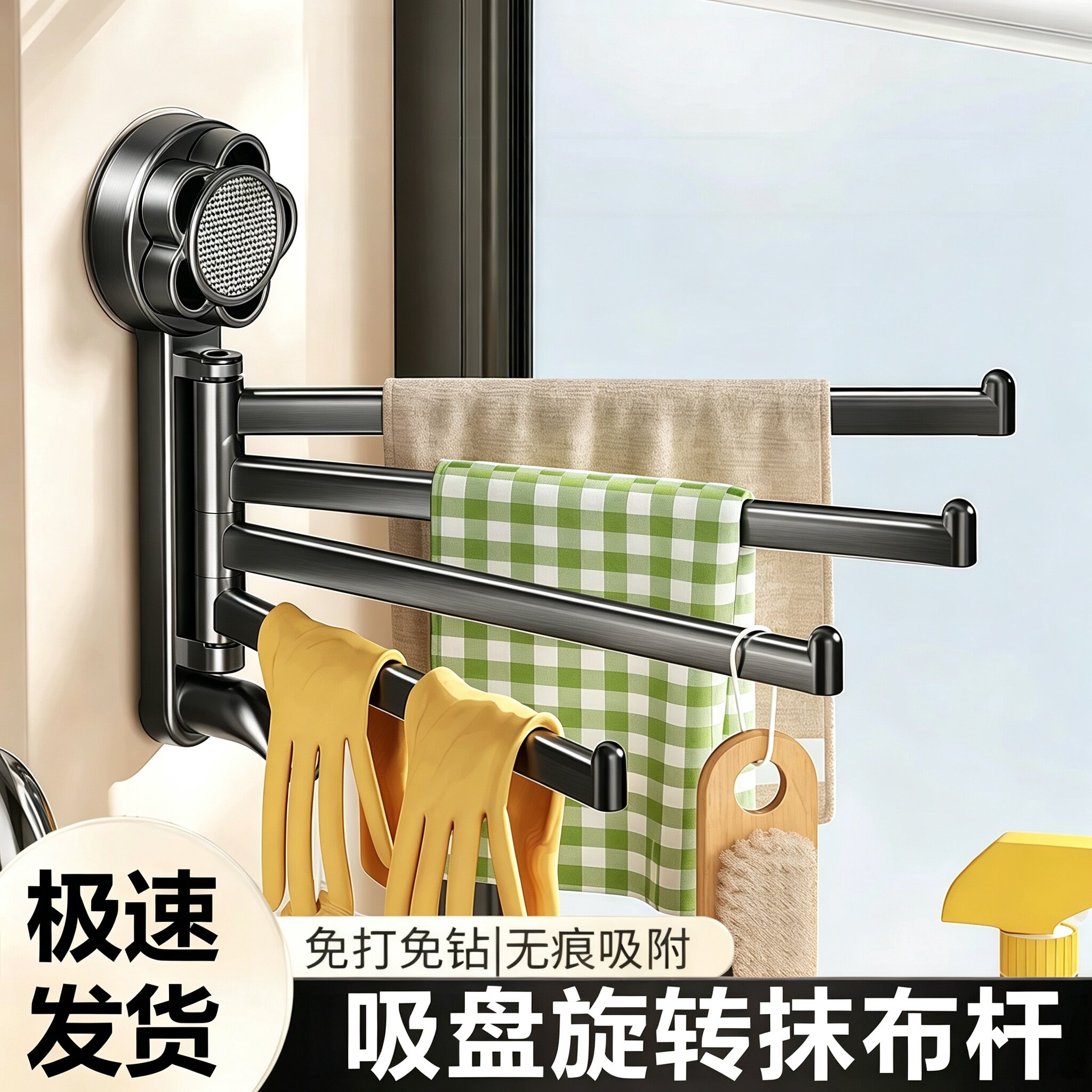 吸盘旋转多杆壁挂抹布沥水架