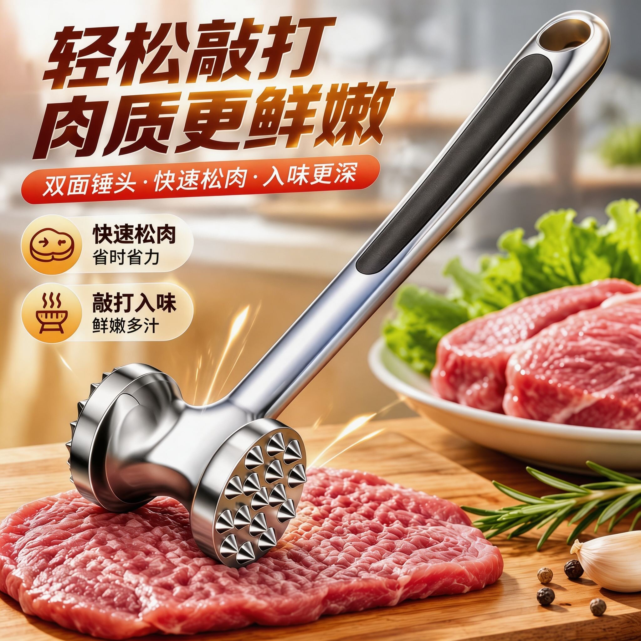 双面敲肉锤家用不锈钢松肉锤牛排嫩肉锤打肉锤厨房专用敲肉工具