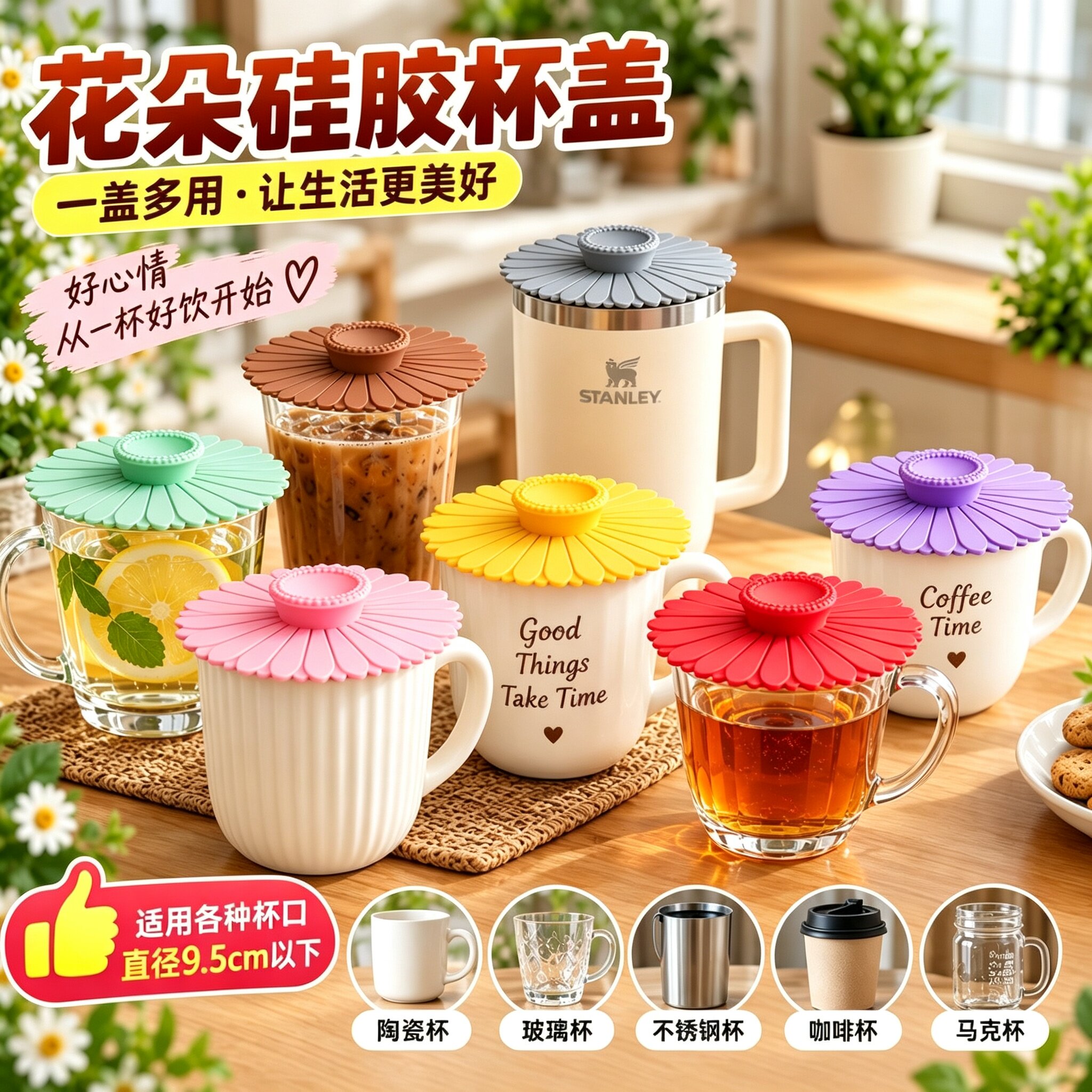 太阳花硅胶密封防尘防虫马克杯盖