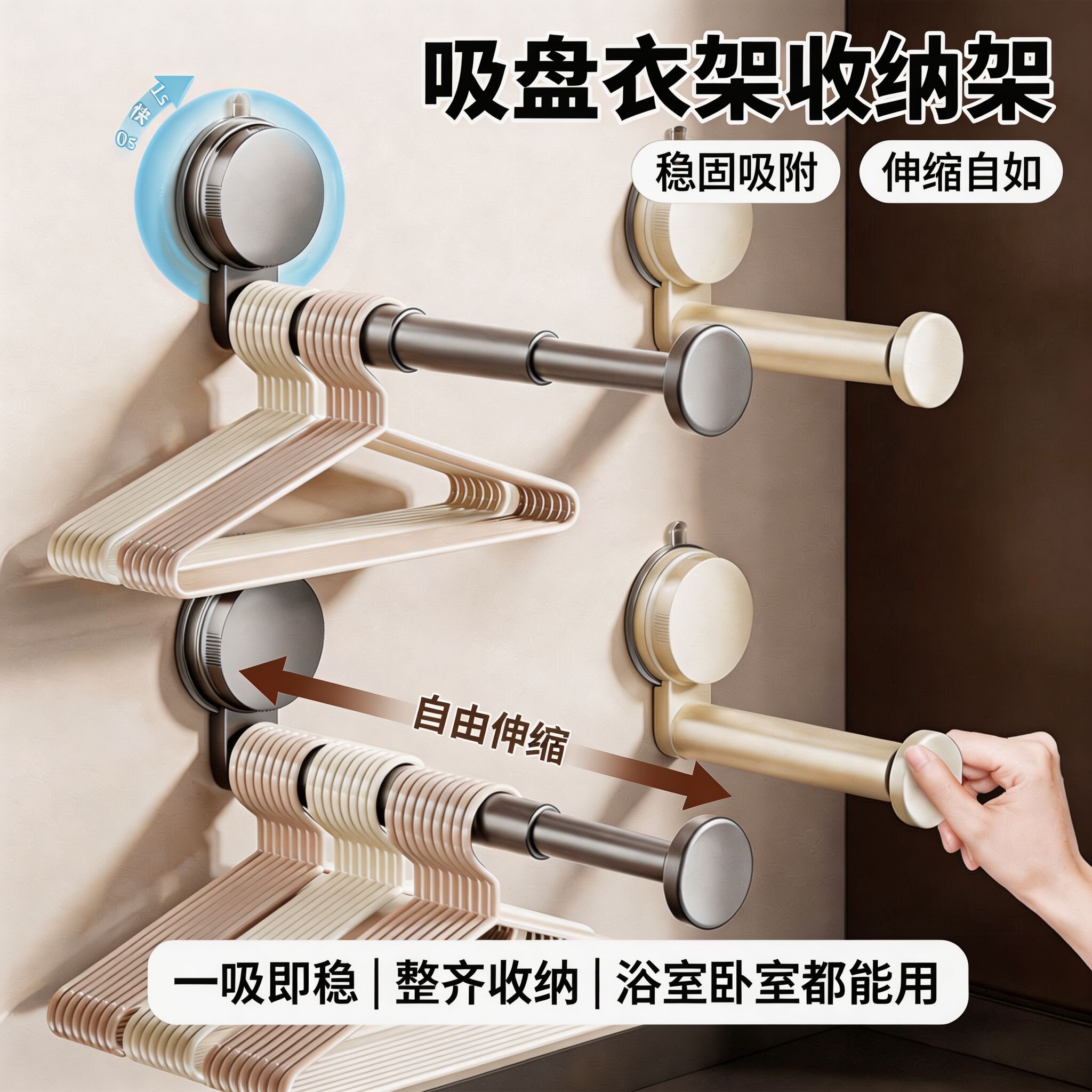 阳台吸盘免打孔伸缩挂衣收纳架图片