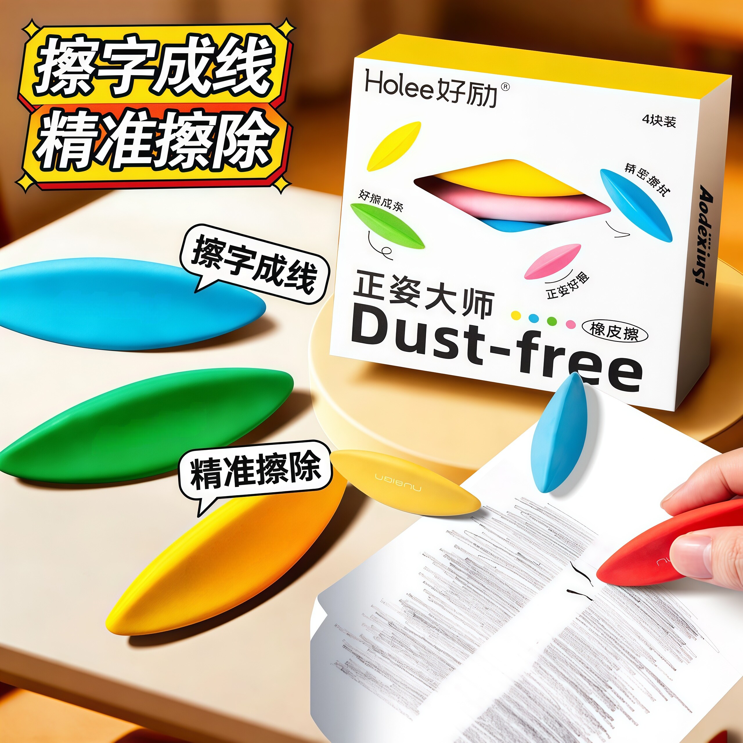 橡皮擦无屑超干净小学生专用三角棱形擦拭成条集屑成线像皮不留痕