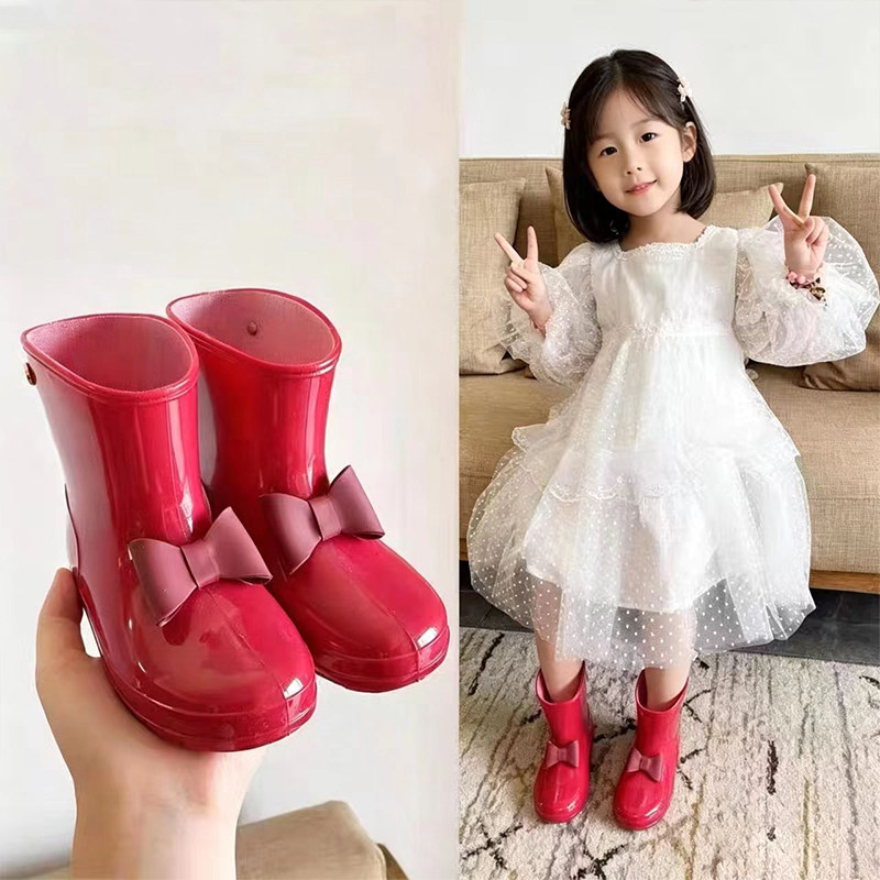 出口儿童雨鞋女童红色蝴蝶结幼儿园宝宝雨靴公主防滑小女孩水鞋图片