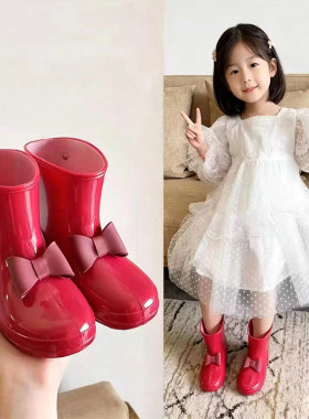 出口儿童雨鞋女童红色蝴蝶结幼儿园宝宝雨靴公主防滑小女孩水鞋