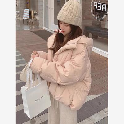 粉色短款连帽羽绒棉服女