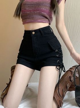 黑色高腰牛仔裤女夏季小众设计感抽绳超短裤修身显瘦热裤短裤子潮