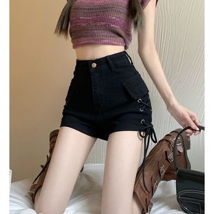 黑色高腰牛仔裤女夏季小众设计感抽绳超短裤修身显瘦热裤短裤子潮