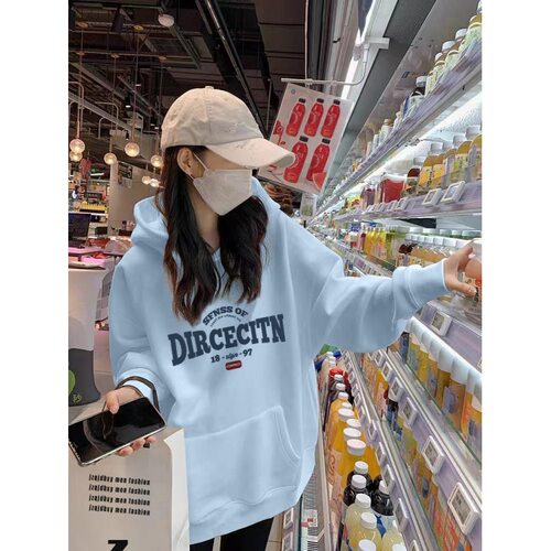 浅蓝色连帽加绒卫衣女2025新款爆款秋冬季休闲运动长袖上衣外套潮