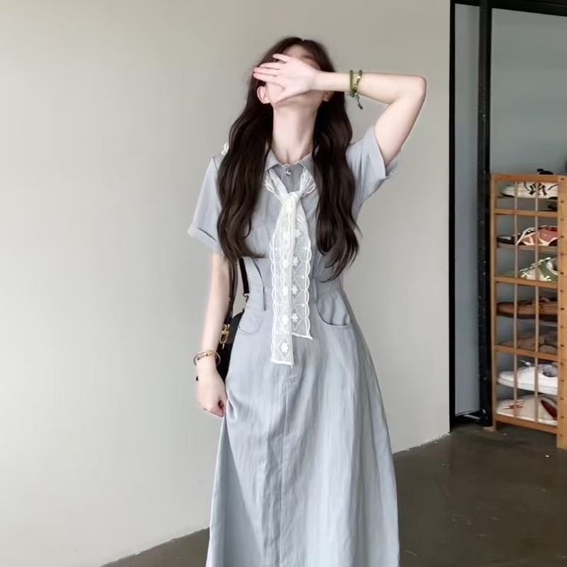 新款法式感蓝色衬衫连衣裙子女夏季大方得体气质收腰长裙中裙