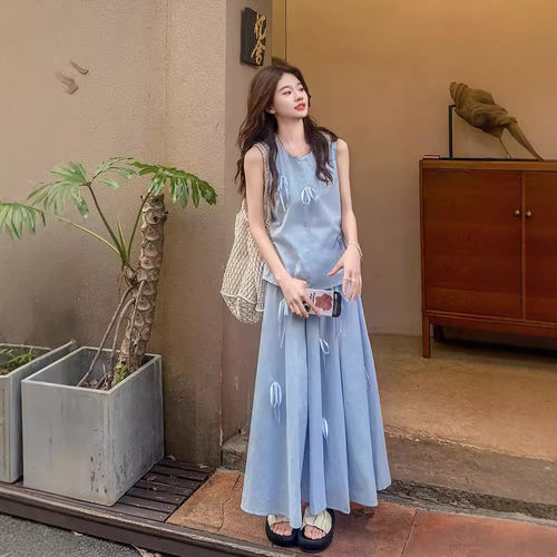 时尚套装小众立体蝴蝶结背心女装夏季高腰半身裙A字裙气质两件套