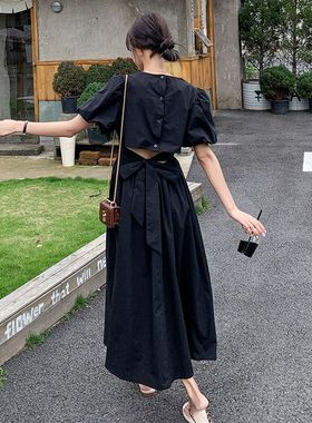 法式温柔风黑色洋装泡泡袖气质V领露背收腰系带洋装夏季裙子