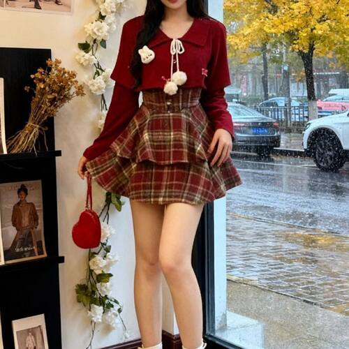 大码胖纯欲风制服套装女秋冬拼接衬衫+格纹束腰裙显瘦两件套