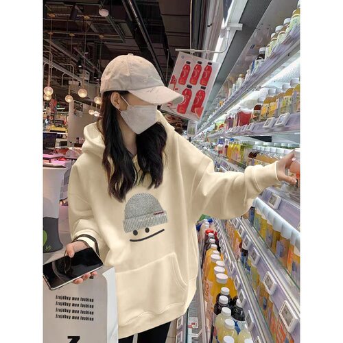 杏色连帽卫衣女2025新款爆款秋季宽松大码上衣韩系胖mm加绒外套潮