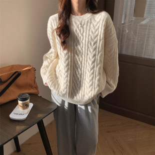 温柔风韩系软糯百搭奶白色圆领麻花宽松套头毛衣慵懒风外穿加厚女