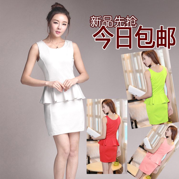 春夏装新款时尚韩版修身显瘦收腰通勤大码夏季女裙荷叶边连衣裙