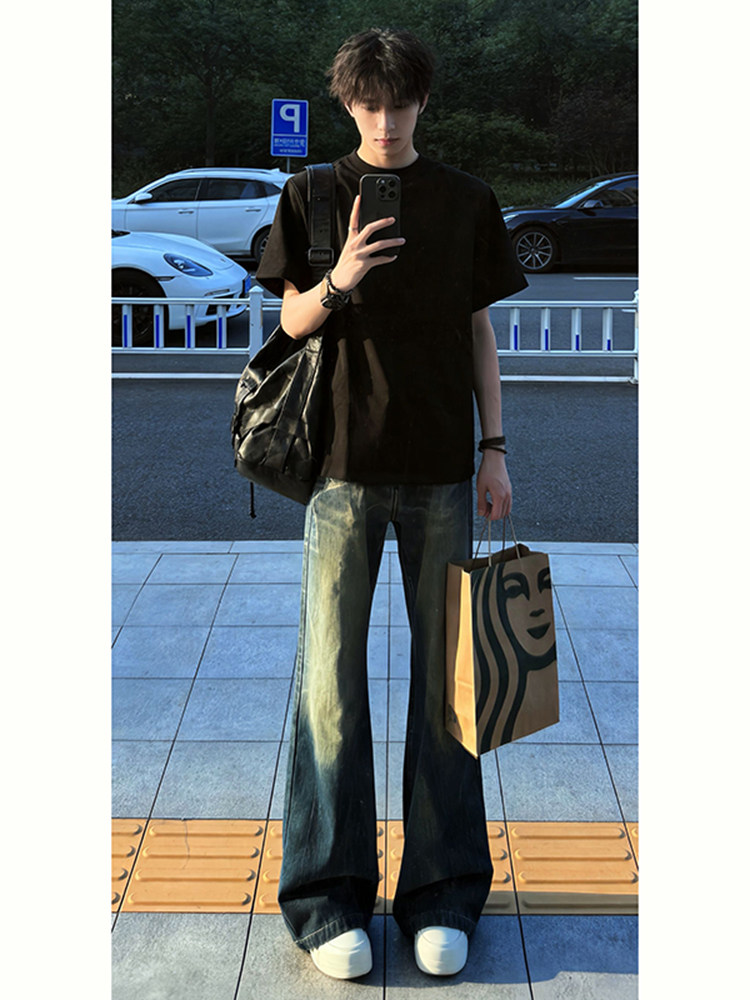 深蓝色美式高街闪电纹牛仔裤男秋春季显瘦vibe微喇裤子复古直筒裤