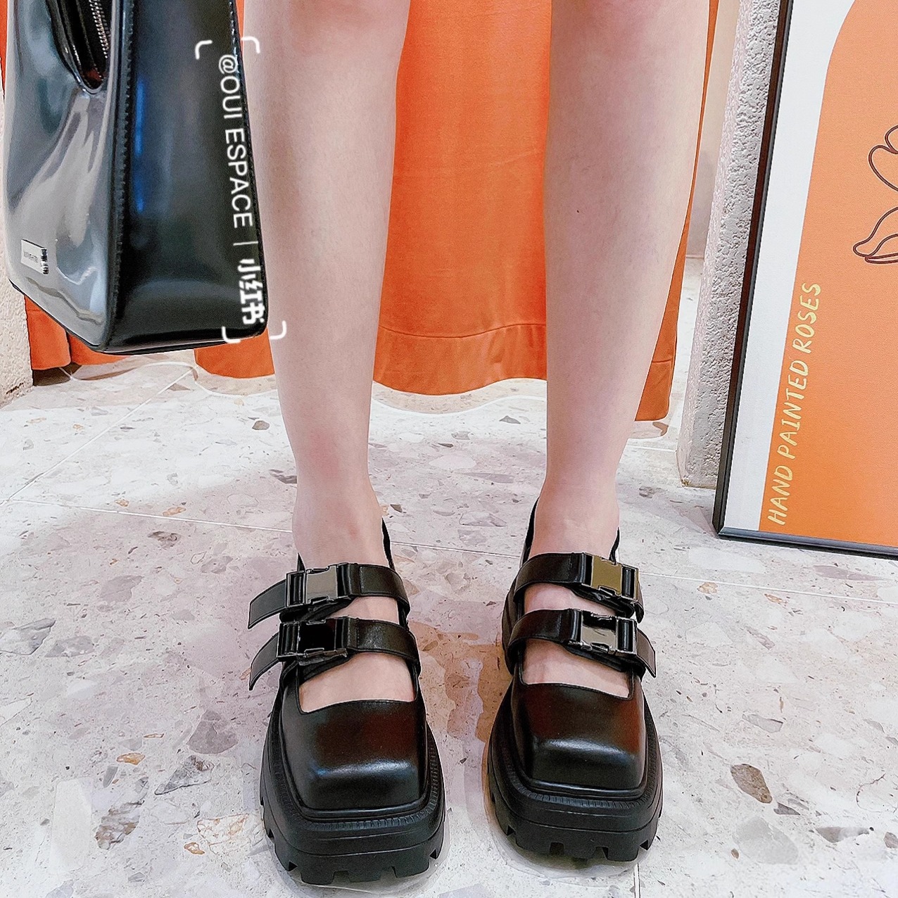 2025秋季新款真皮英伦风双扣带厚底玛丽珍鞋女黑色方头松糕底单鞋