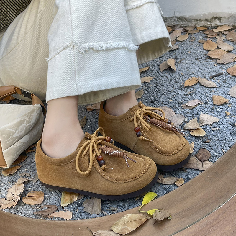 百搭新款深口休闲平底真皮系带