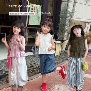 艾摩贝贝女童度假风甜美立领花边领背心2025夏季 上衣 儿童韩版 无袖