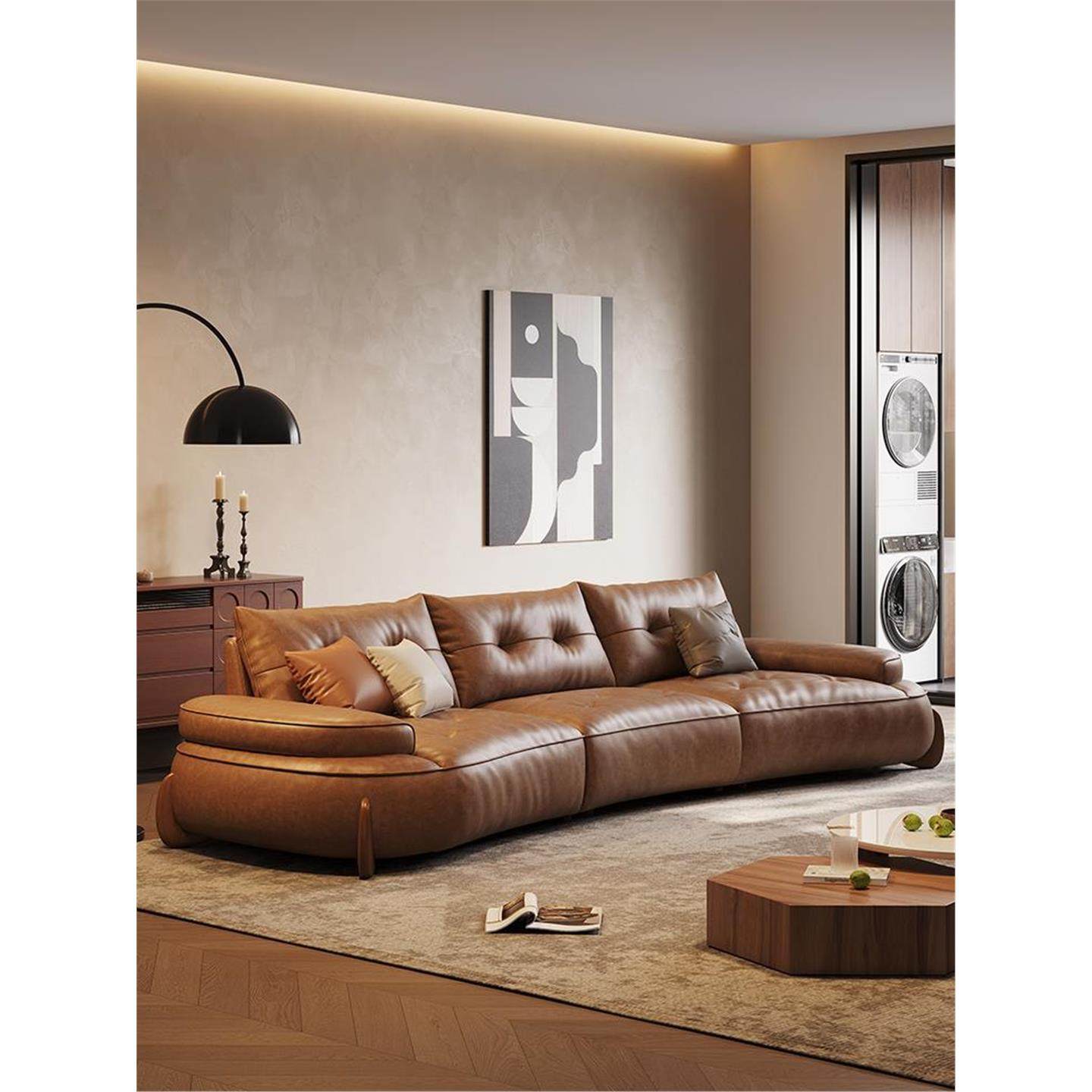 意式极简真皮沙发现代简约复古风大小户型家用弧形头层牛皮轻奢