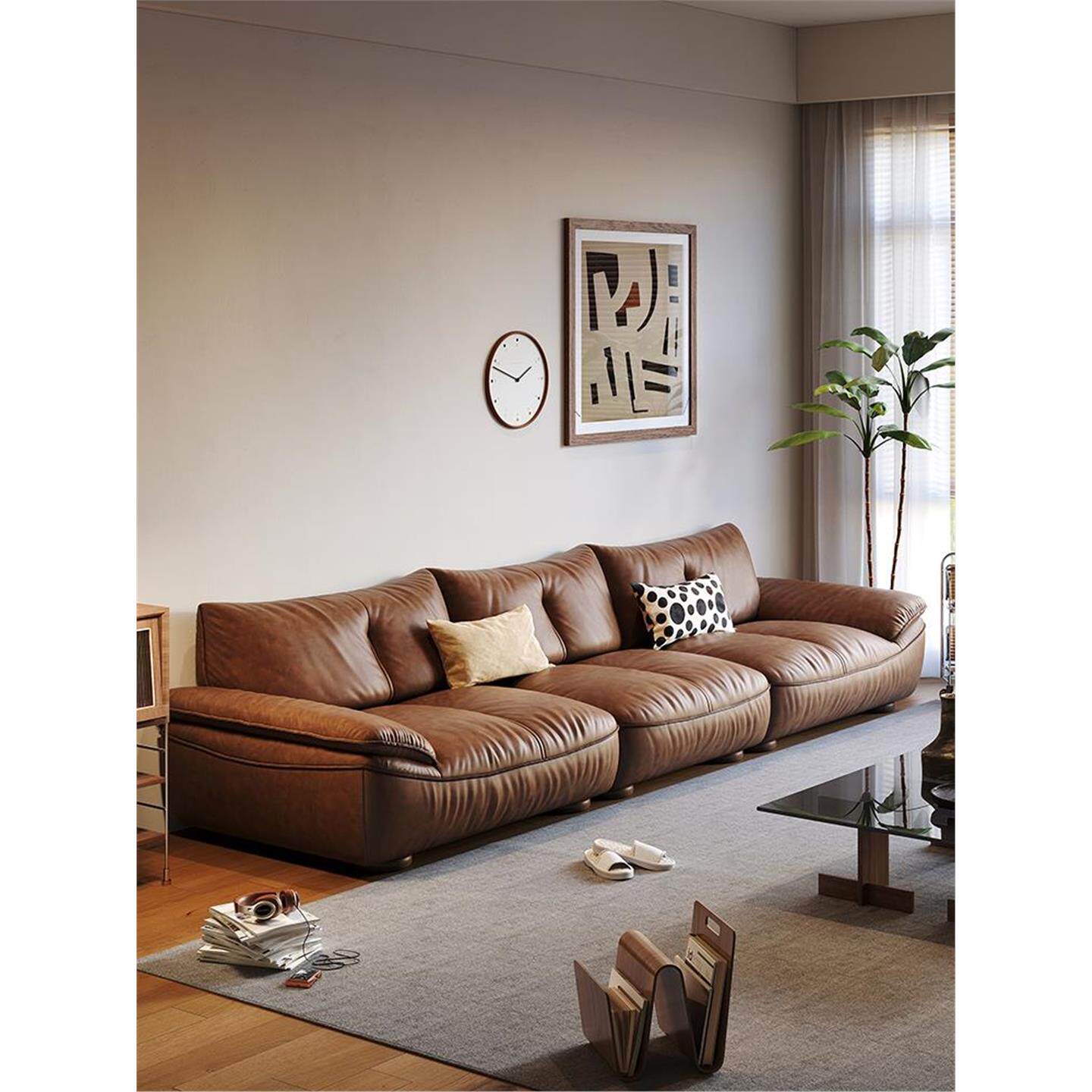 意式轻奢真皮沙发现代简约客厅复古棕咖色大小户型直排三四人位
