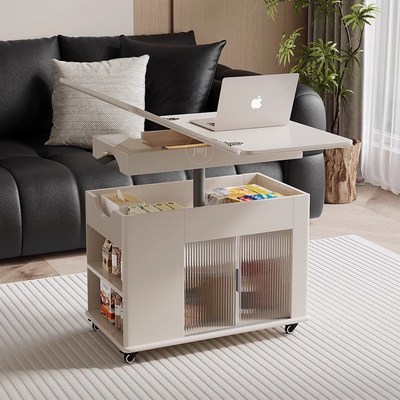 精选奶油b风客厅沙发边几实木烤漆可升降可折叠边柜角几移动茶几