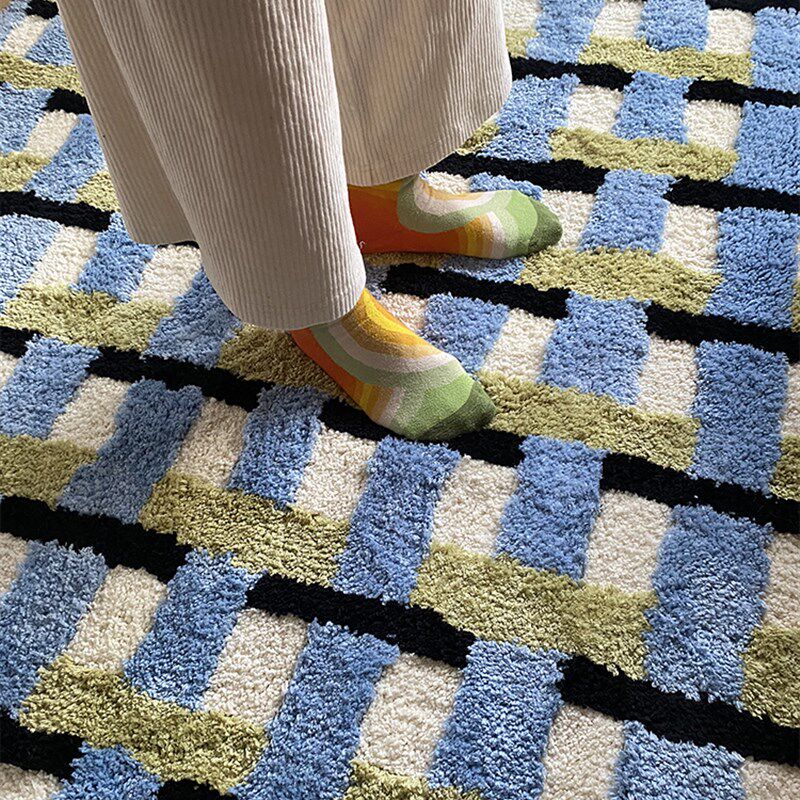 优选DDP手工重工编织轻奢蓝绿格纹C卧室客厅家用簇绒地毯博主ins