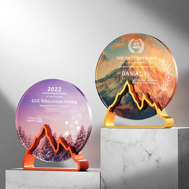 精选水晶奖杯定制创意金属山w峰彩印圆形企业年会颁奖优秀员工奖,个性定制/设计服务/DIY,奖杯/奖章/奖状/证书定制,淘宝优惠券,粉丝福利购,淘宝优惠卷