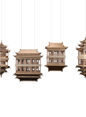 精选新中式日式仿古建p筑模型禅意山水镜像木雕装置吊饰酒店民宿