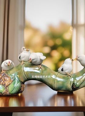 陶瓷小鸡仔母鸡竹子手工摆件