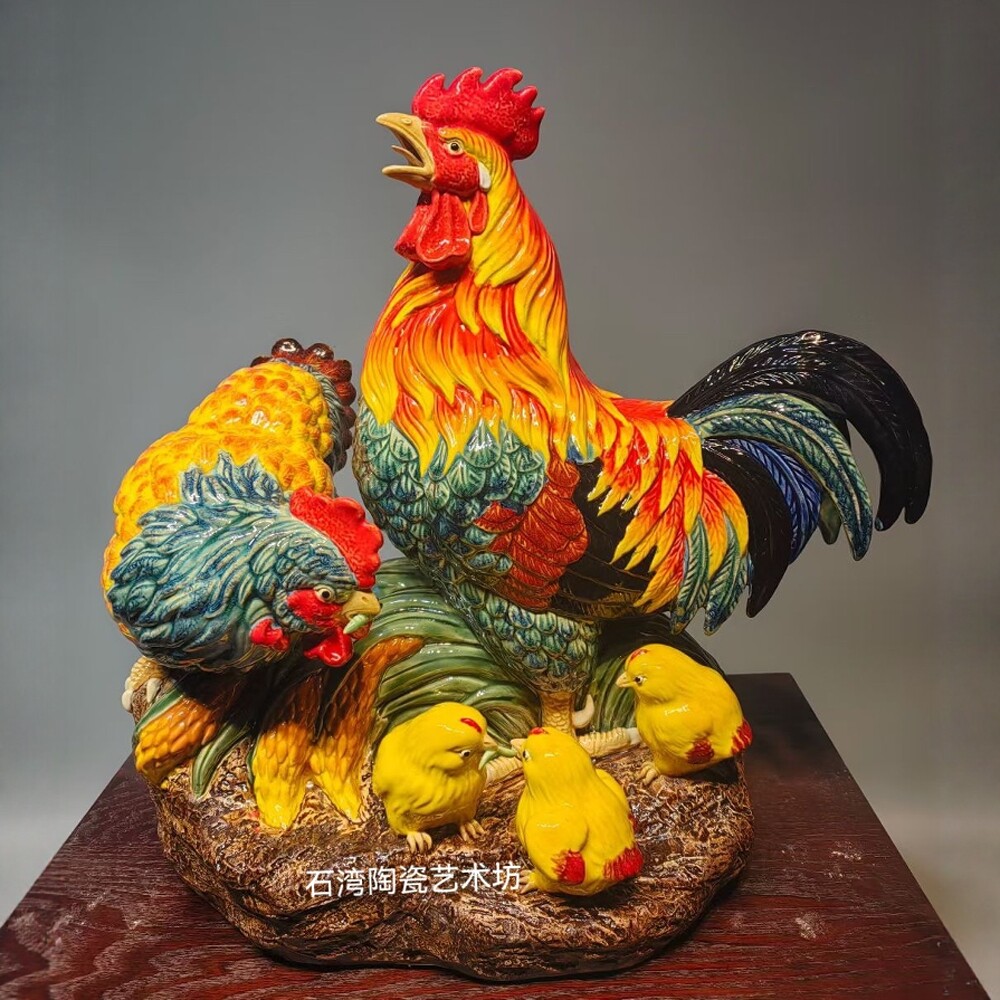 陶瓷母鸡公鸡手工招财动物摆件