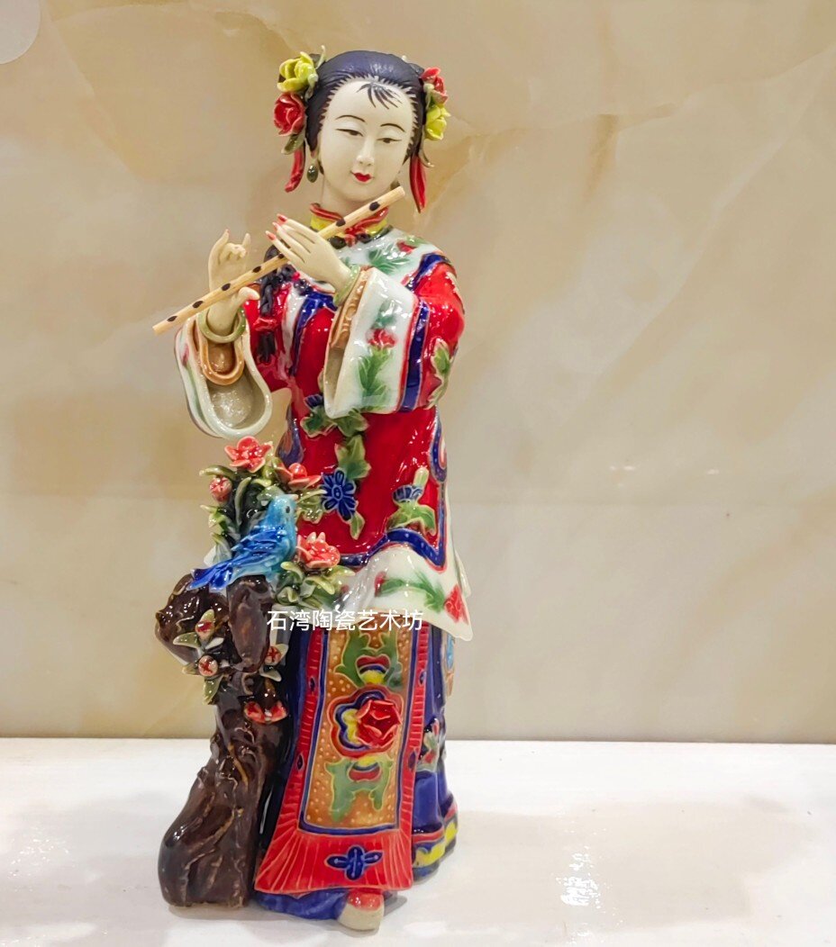 陶瓷吹笛仕女艺术生手工摆件