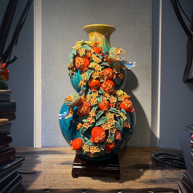 瓷器葫芦石榴花瓶手工摆件